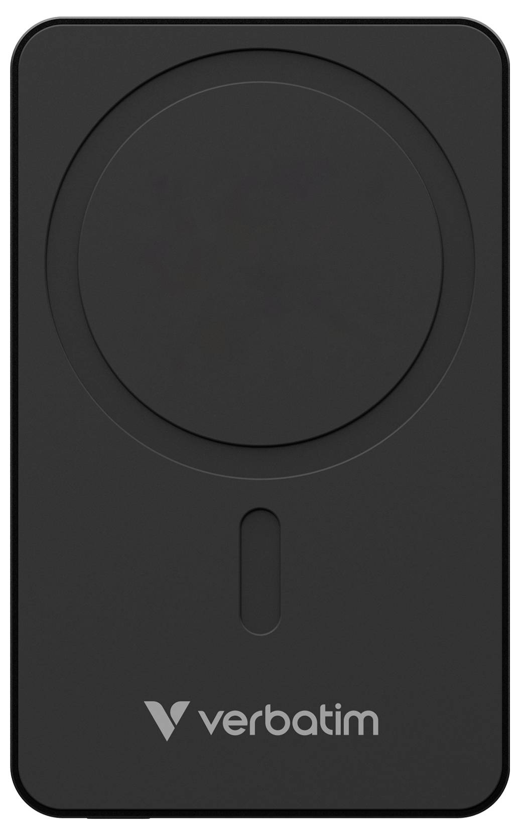 Chargeur sans fil noir avec logo de marque.