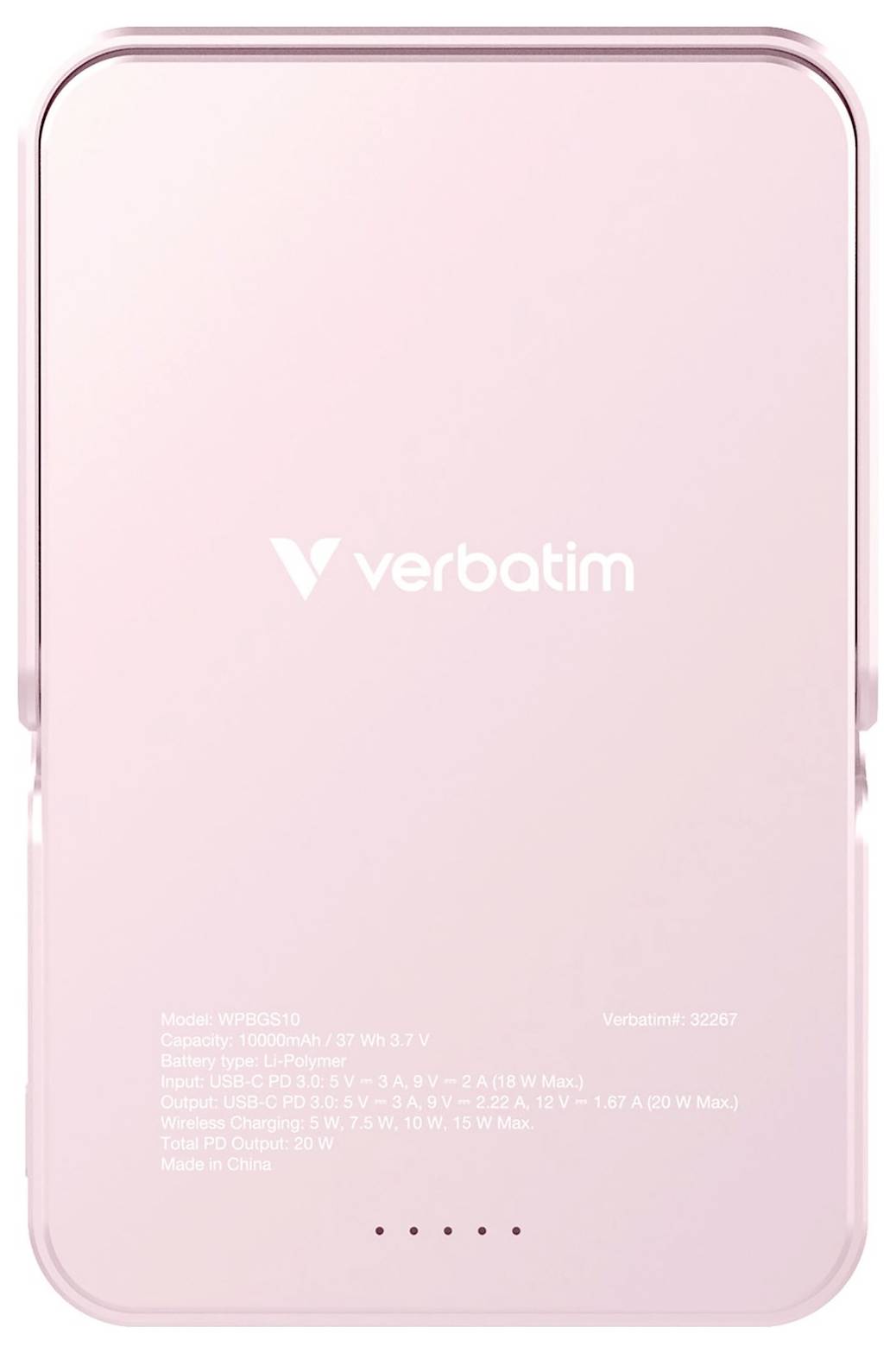 Batterie externe Verbatim Rose, Modèle : WF85610, d'une capacité de 10 000 mAh avec les détails de puissance imprimés.