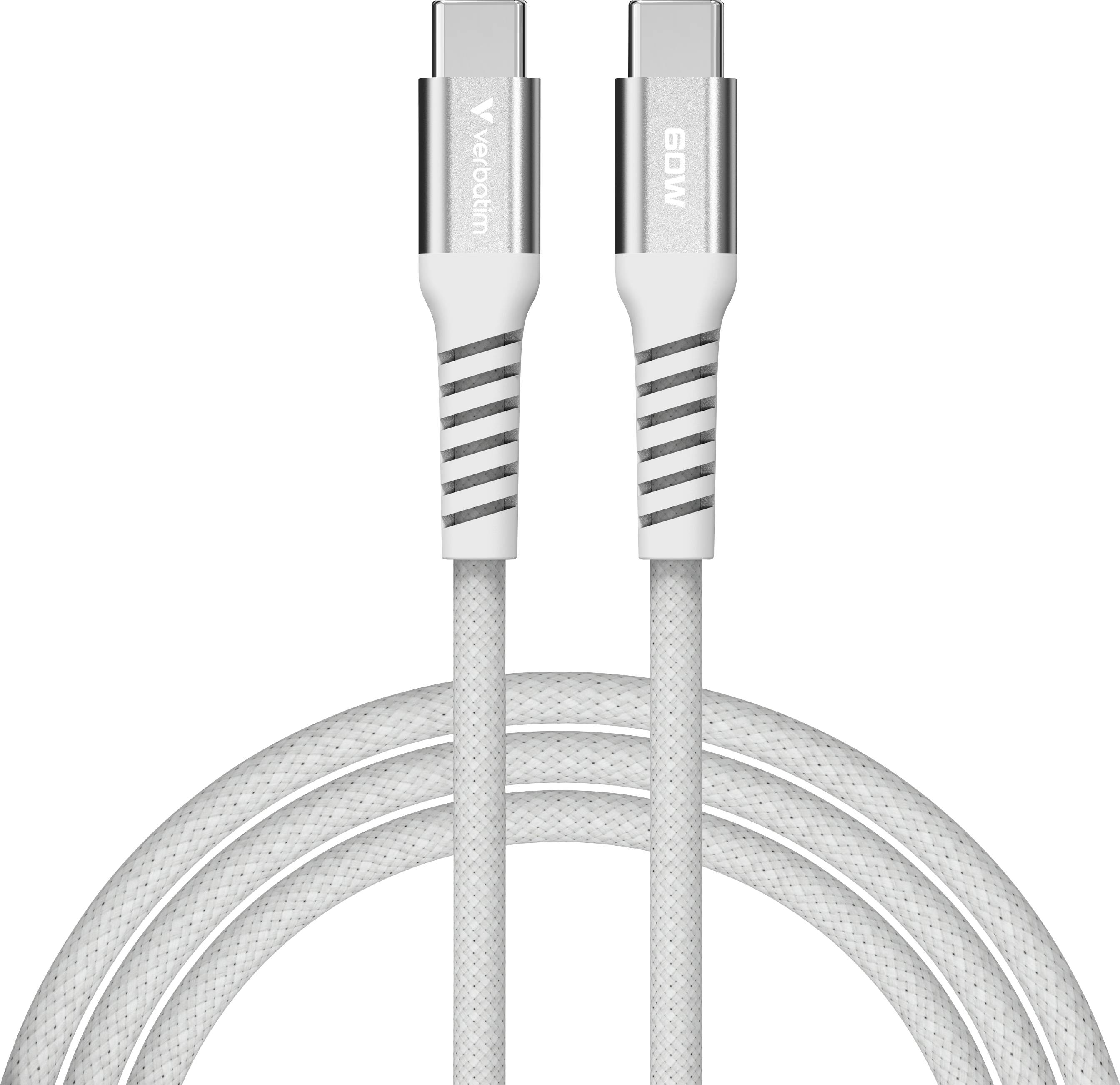 Deux câbles USB-C blancs avec des embouts argentés, l'un portant l'inscription 'Verbatim' et l'autre '60W', sur un fond blanc.