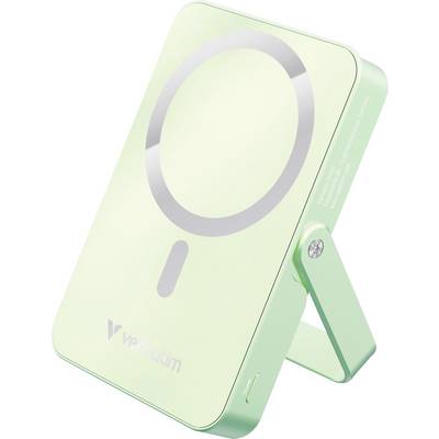 Une batterie externe portable verte avec support intégré, compatible MagSafe. Le logo et le nom de la marque sont visibles sur la face avant.