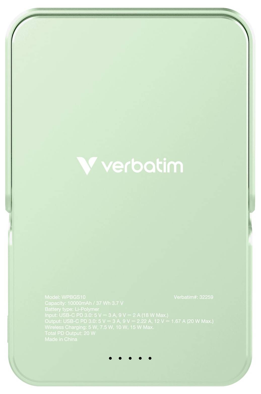 Batterie externe verte Verbatim d'une capacité de 10 000 mAh. Contient les spécifications techniques et les informations de charge sur sa surface.
