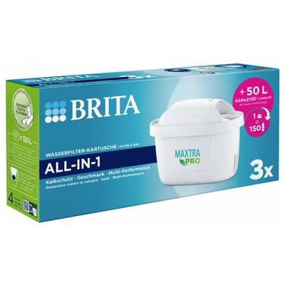 Emballage d'une cartouche de filtre à eau Brita, 'MAXTRA PRO ALL-IN-1', typiquement pour 150 litres d'eau, contenant 3 cartouches.