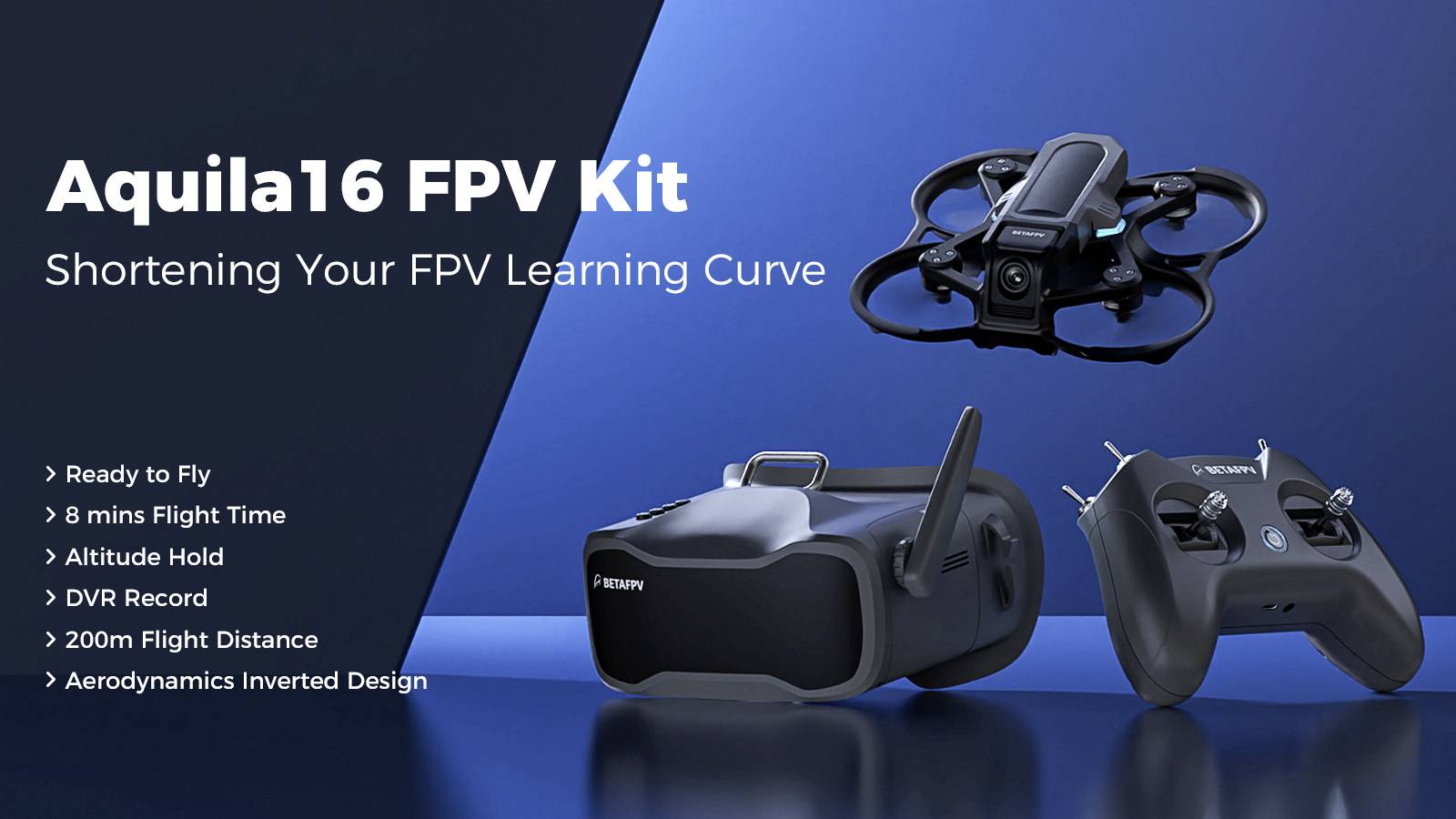 Kit Aquila16 FPV comprend un drone, un casque VR et une télécommande. Caractéristiques : prêt à voler, vol de 8 minutes, portée de 200 m, enregistrement vidéo numérique (DVR), design inversé.