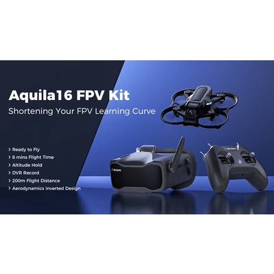 Kit Aquila16 FPV comprend un drone, un casque VR et une télécommande. Caractéristiques : prêt à voler, vol de 8 minutes, portée de 200 m, enregistrement vidéo numérique (DVR), design inversé.