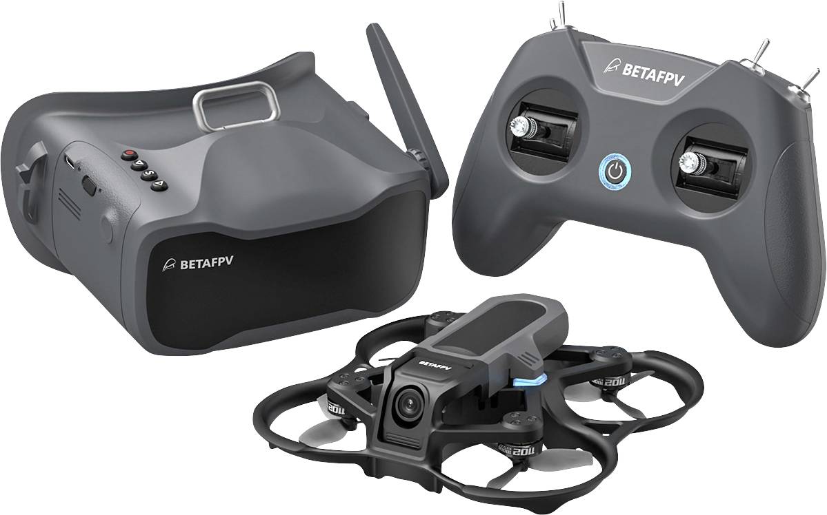 Ensemble de drone comprenant des lunettes, une télécommande et un petit quadricoptère, étiqueté 'BETAFPV'.