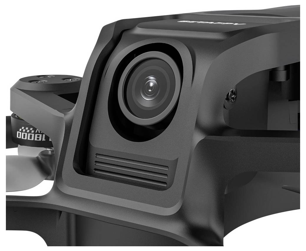 Un gros plan de la caméra d'un drone noir moderne, mettant en valeur son objectif et une partie de son cadre environnant.