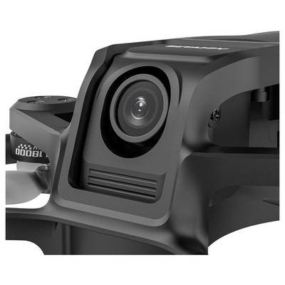 Un gros plan de la caméra d'un drone noir moderne, mettant en valeur son objectif et une partie de son cadre environnant.