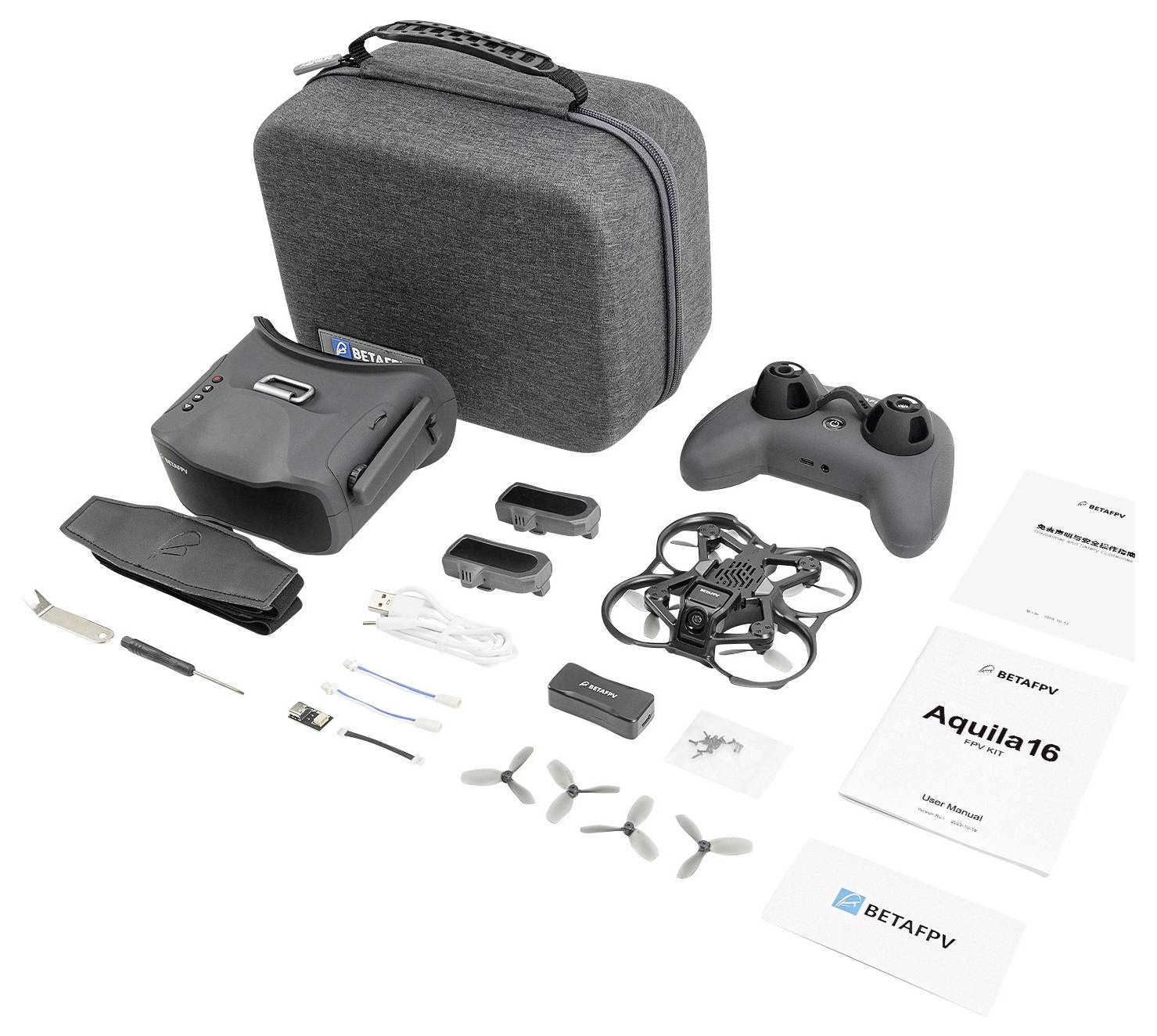 Kit de drone comprenant des étuis, des lunettes de réalité virtuelle, une télécommande, un drone, des hélices de rechange, des batteries, un chargeur, des outils et des manuels.