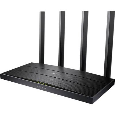 Routeur Wi-Fi avec quatre antennes, boîtier noir, voyants lumineux sur le devant, adapté pour un internet rapide.