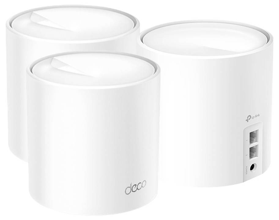 Trois routeurs Wi-Fi blancs cylindriques portant le logo 'deco'. L'un d'entre eux montre deux ports Ethernet et un port d'alimentation à l'arrière.