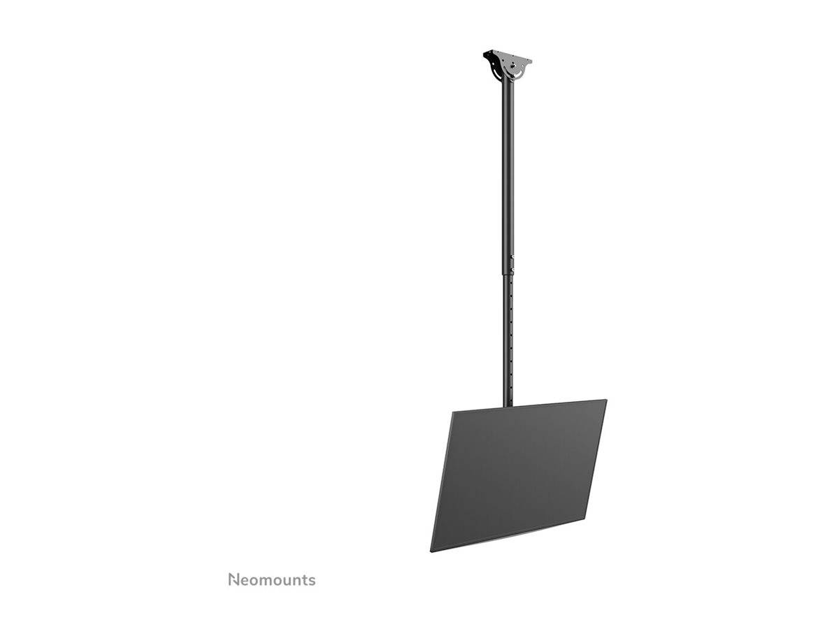 Support de plafond avec bras ajustable sur lequel un écran est fixé. Design minimaliste de Neomounts.