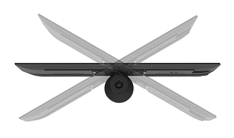 Vue de dessus d'un écran d'ordinateur pivotant incliné à différents angles ; illustre la flexibilité de l'inclinaison.