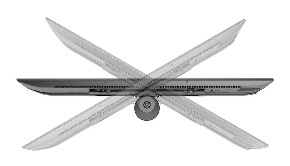 Vue latérale d'une tablette avec support rotatif, présentée à différents angles d'inclinaison. Elle démontre sa flexibilité et son design.