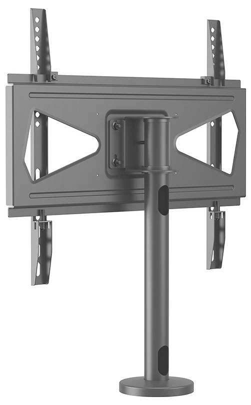 Support mural TV réglable en gris avec tige de support et rails latéraux. Adapté aux écrans plats, design robuste.