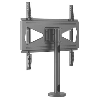 Support mural TV réglable en gris avec tige de support et rails latéraux. Adapté aux écrans plats, design robuste.