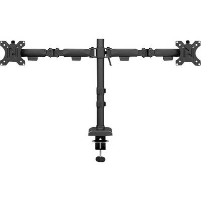 Support de moniteur à double articulation avec socle central et deux bras ajustables. Adapté pour le montage de deux écrans.