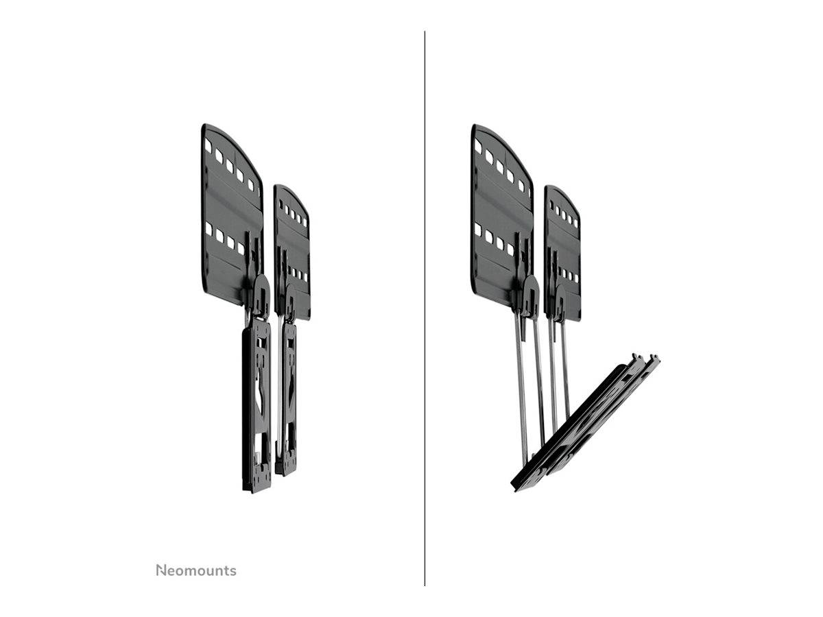 Un support mural inclinable pour téléviseur de Neomounts, présenté sous deux angles : de face et de profil, illustrant les mécanismes de réglage.
