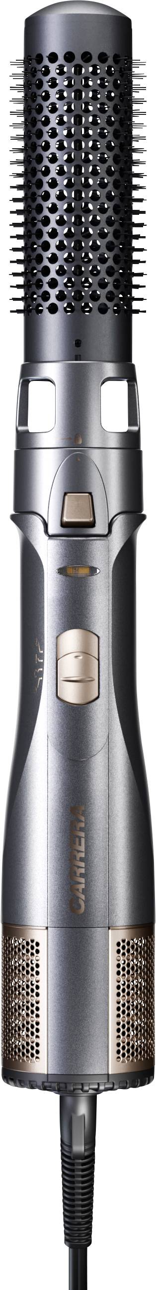 Brosse rotative électrique en argent avec embout de brosse noir. Adaptée pour coiffer et sécher les cheveux.