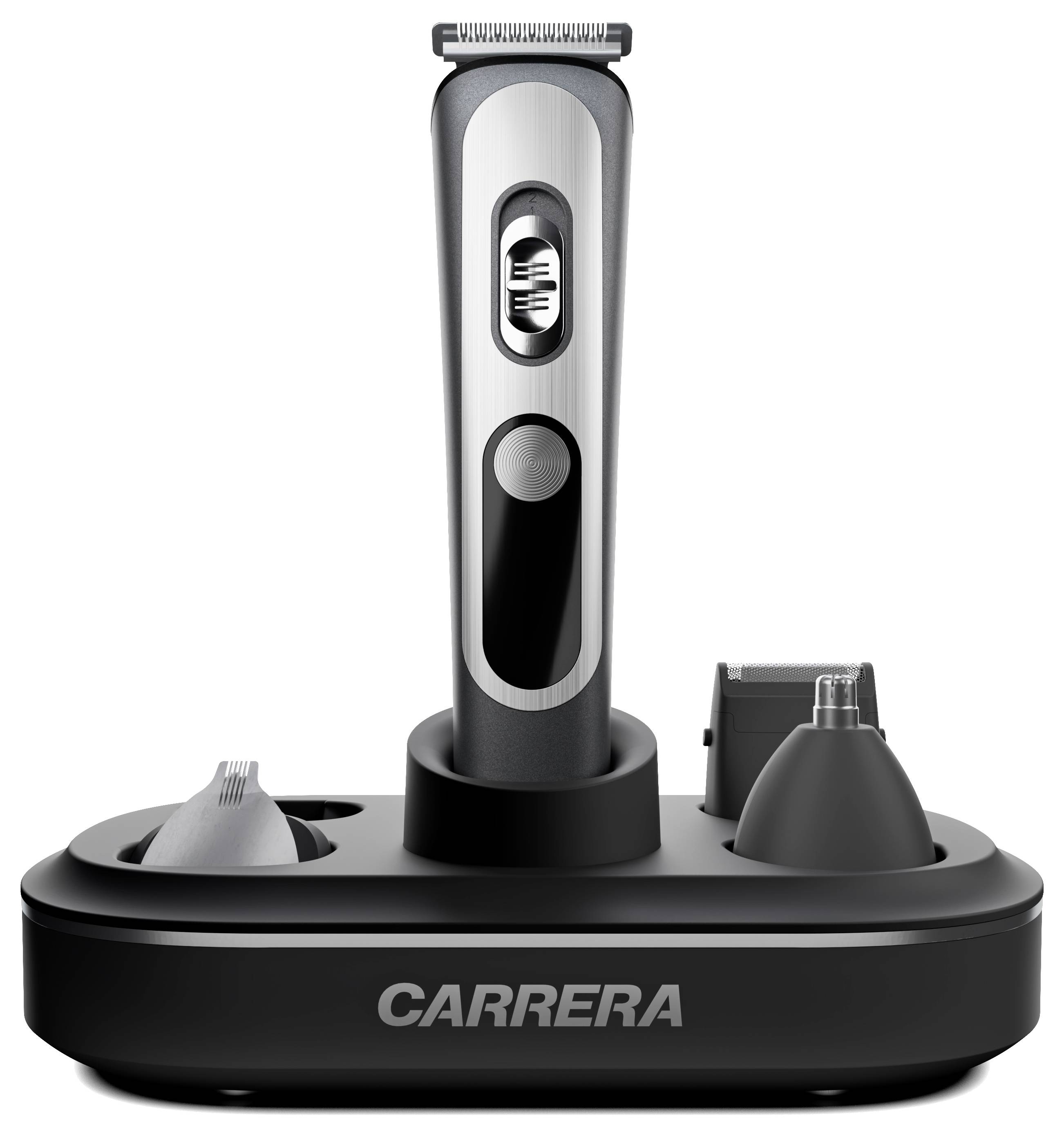 Rasoir électrique avec station de charge et différents accessoires, comprenant un coupe-poils de nez et un tondeuse de précision.