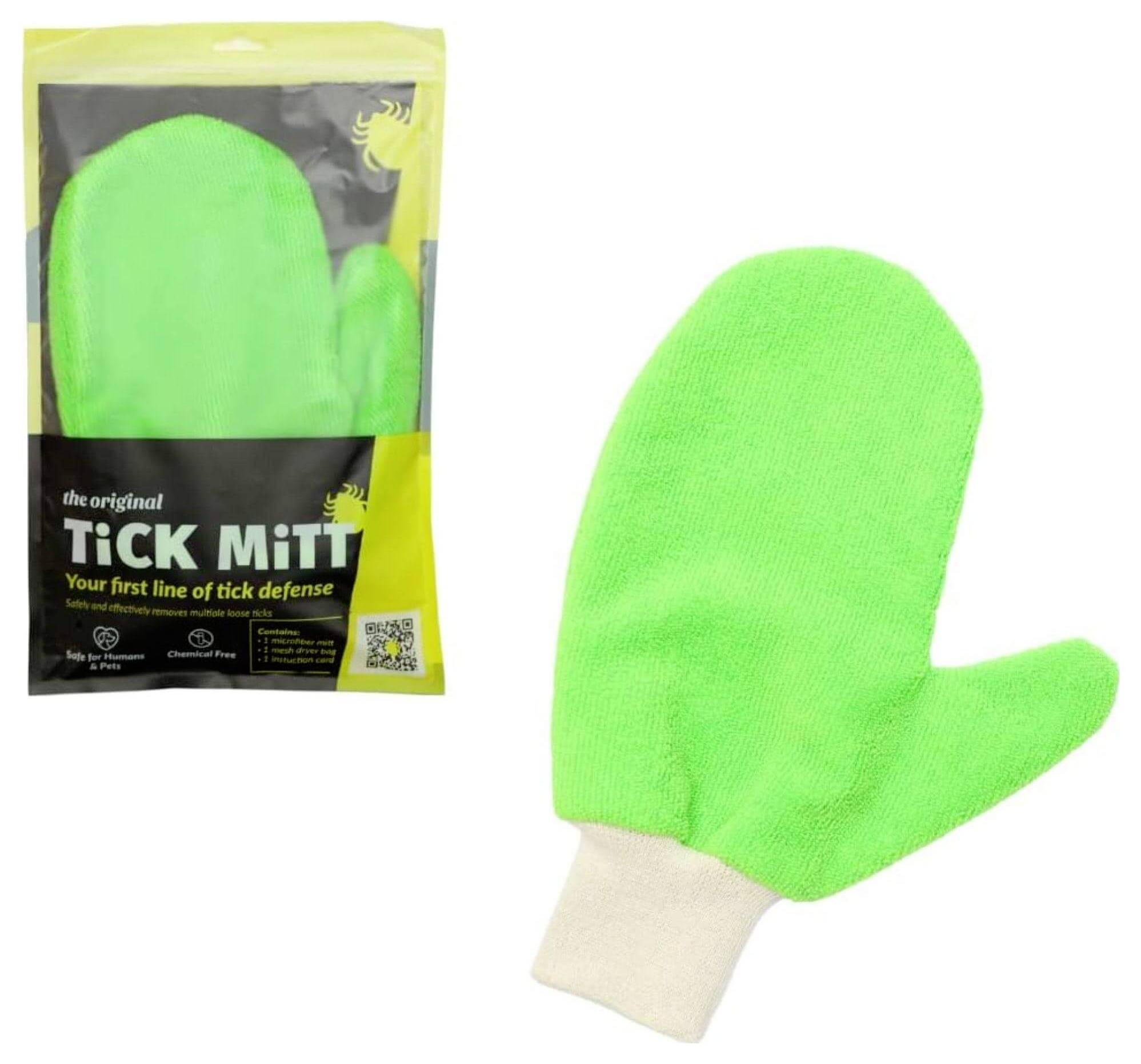 Gant anti-tiques vert dans son emballage et montré individuellement. Texte sur l'emballage : « Tick Mitt – Votre première ligne de défense contre les tiques »