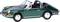 Voiture miniature verte d'un cabriolet classique avec le toit ouvert, deux sièges et des détails argentés, sur fond blanc.