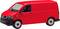 Modèle de jouet rouge d'une camionnette de livraison, montré de profil, avec des détails visibles comme les roues et les fenêtres.
