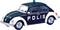 Voiture jouet au design de police avec l'inscription 'POLIS' et un gyrophare bleu sur le toit, ressemblant à une Coccinelle VW classique.
