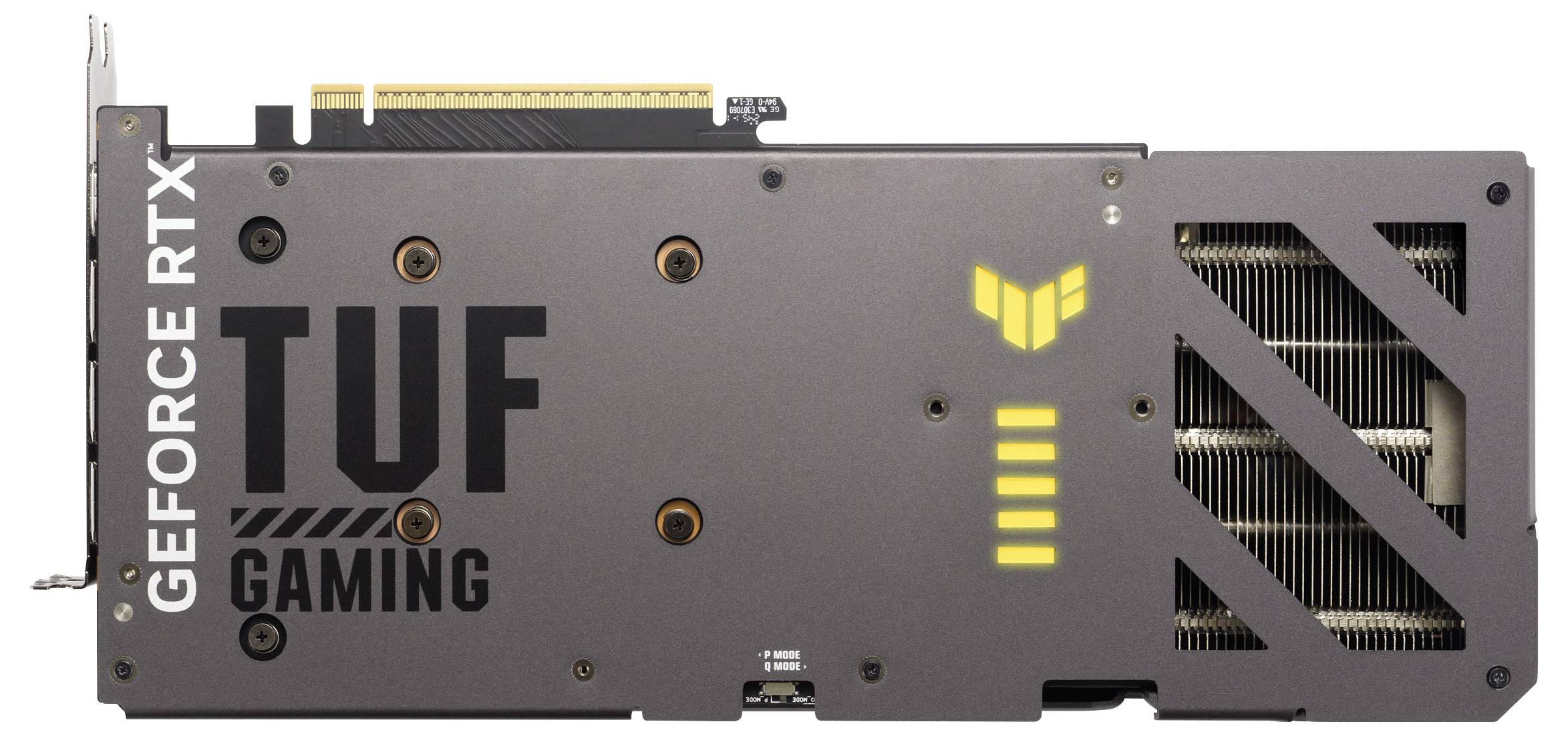 Carte graphique avec des étiquettes 'TUF Gaming' et 'GeForce RTX'. Montre des ailettes de refroidissement et des points de fixation pour boîtier d'ordinateur.