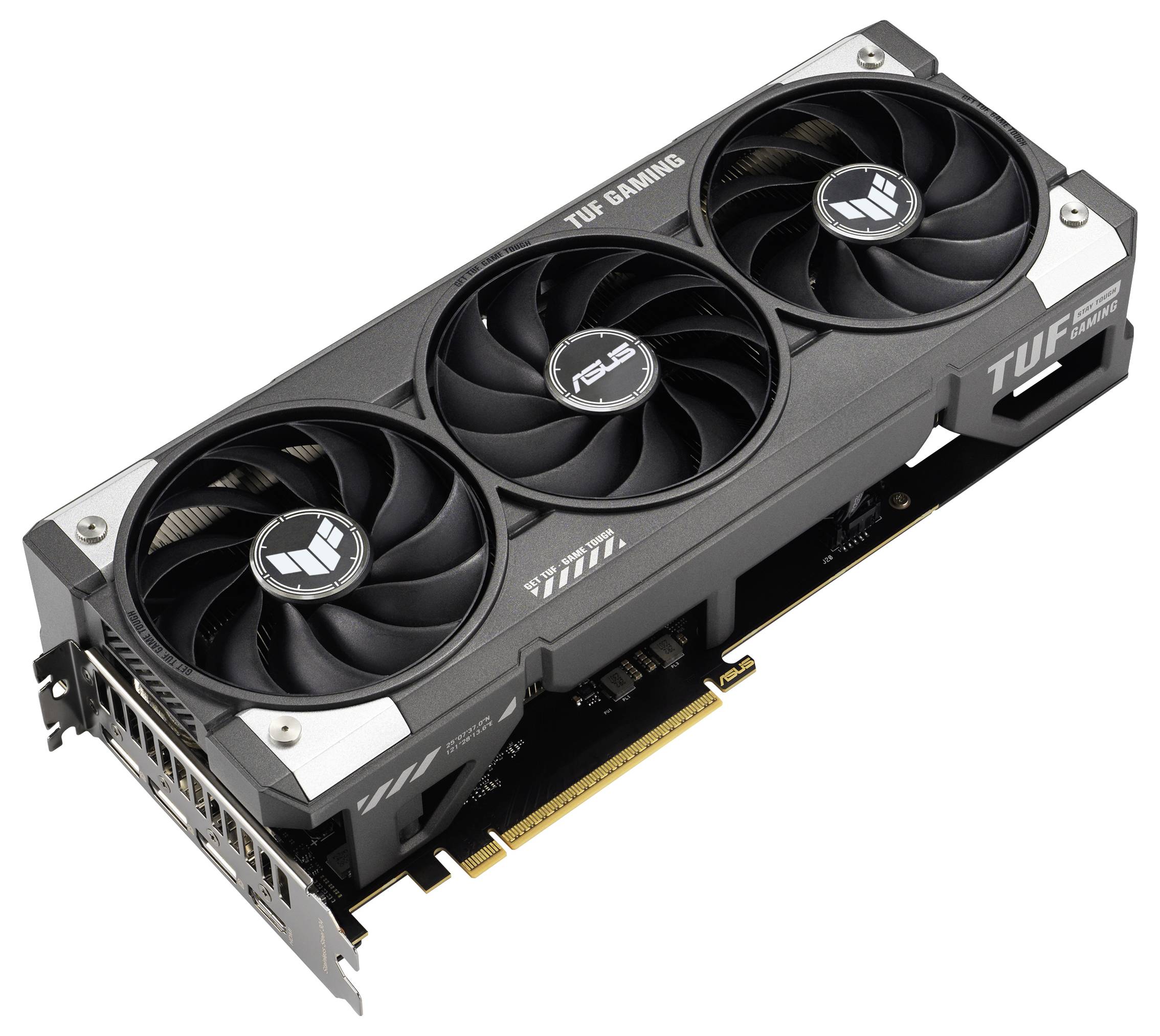 Carte graphique à trois ventilateurs, boîtier noir avec logo 'TUF Gaming'. Modèle conçu pour les joueurs exigeants en termes de performances.