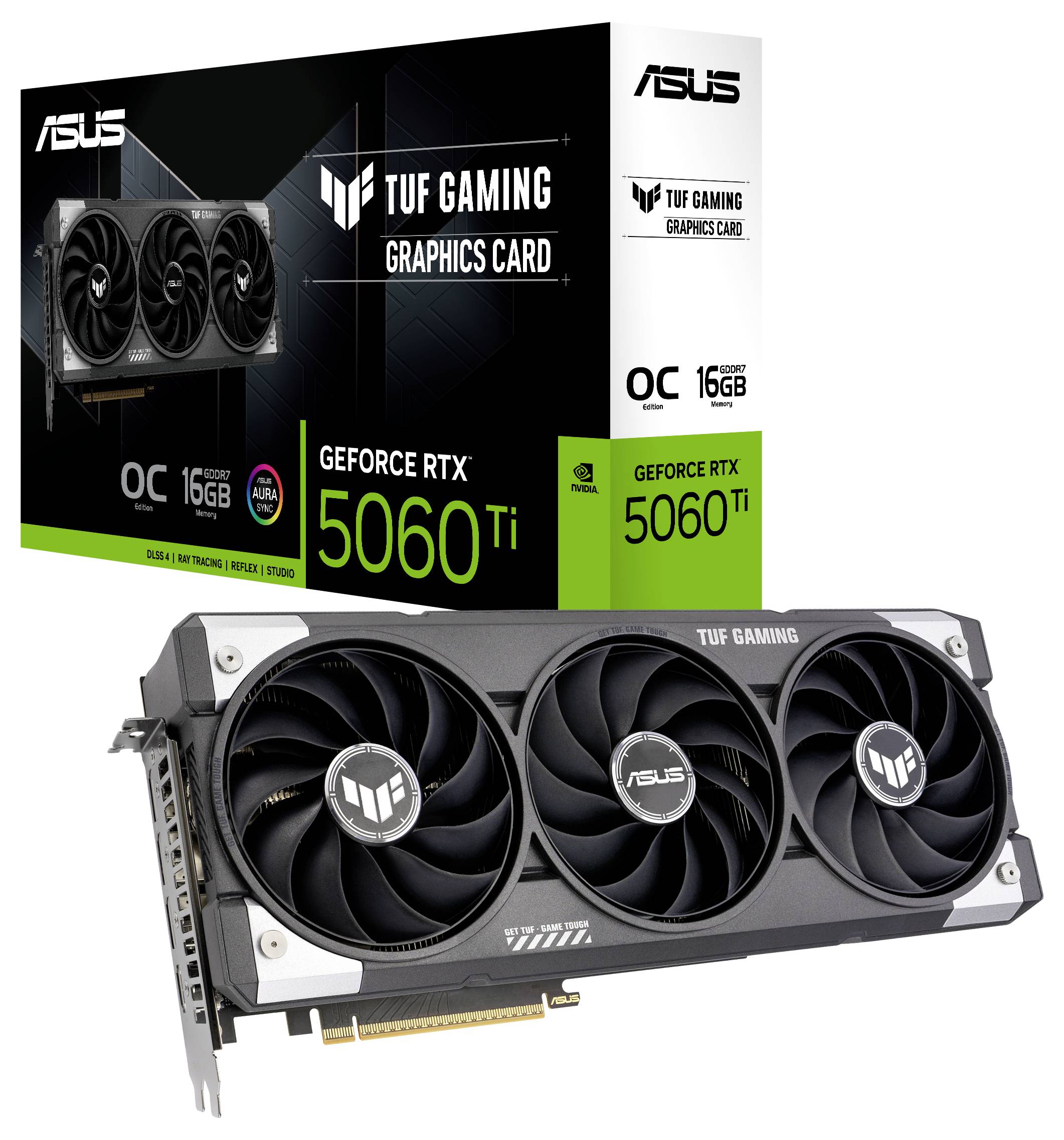 'Carte graphique ASUS TUF Gaming RTX 5060 Ti avec 16 Go de mémoire, triple ventilateur. L'emballage présente l'image du produit et les détails techniques.'