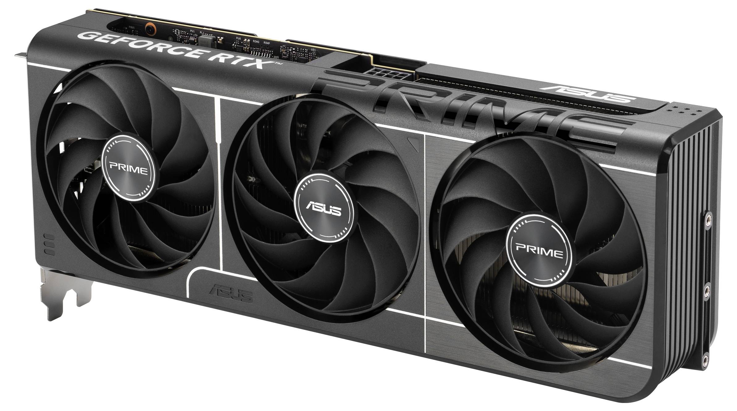 Carte graphique avec trois grands ventilateurs, montrant la marque 'ASUS' et le modèle 'GEFORCE RTX'.