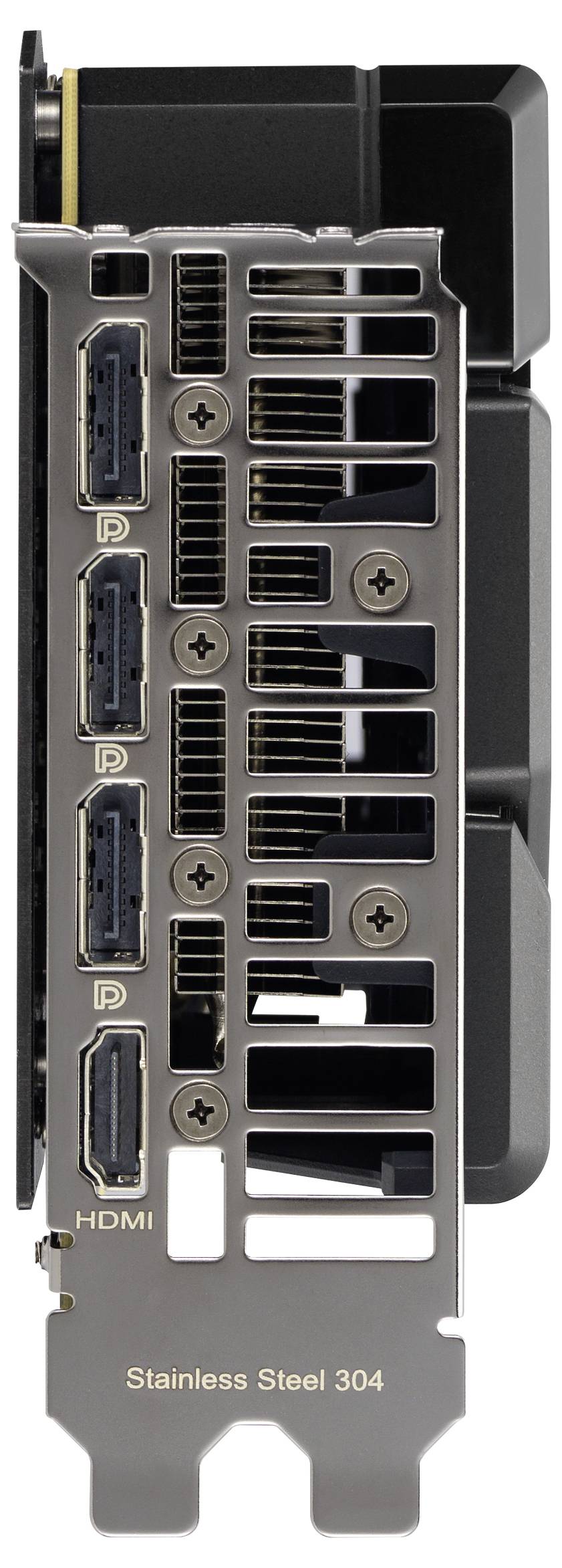 Vue arrière d'une carte graphique avec quatre ports DisplayPort et un port HDMI, construction en acier inoxydable, avec des fentes de ventilation pour dissiper la chaleur.