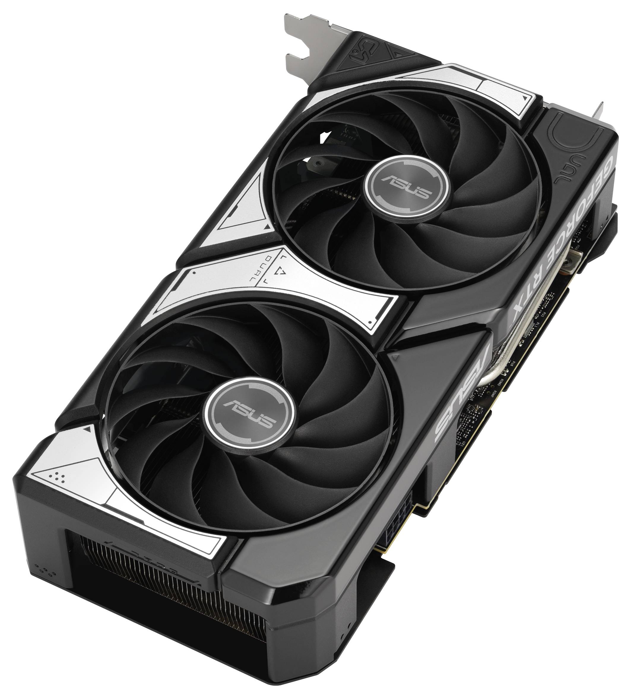 Une carte graphique noire avec deux grands ventilateurs, des accents argentés et le logo Asus dessus.