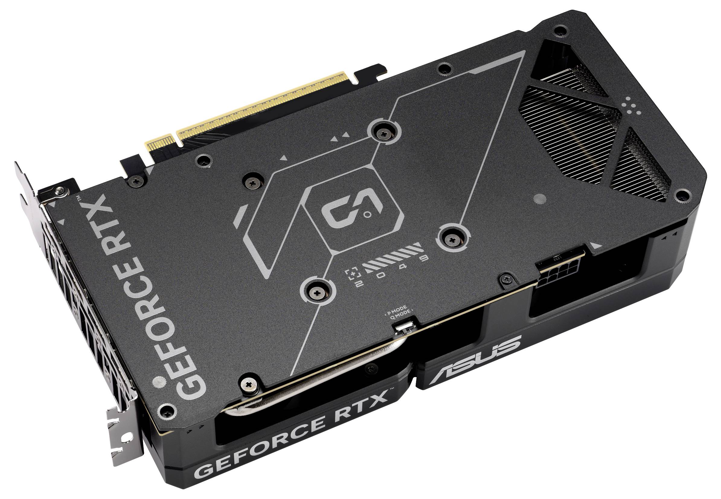 Une carte graphique NVIDIA GeForce RTX d'Asus en noir et gris, photographiée de dessus, montrant le logo et les ouvertures de ventilation.