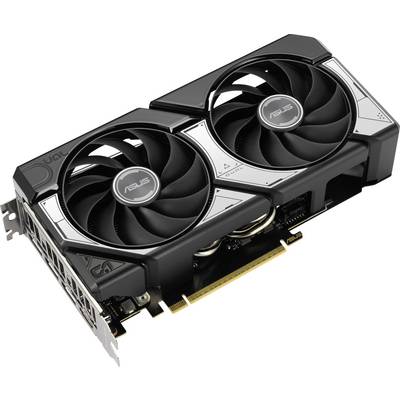 'Carte graphique ASUS à deux ventilateurs, connectique PCIe et design noir et argent. Adaptée pour un gaming haute performance.'