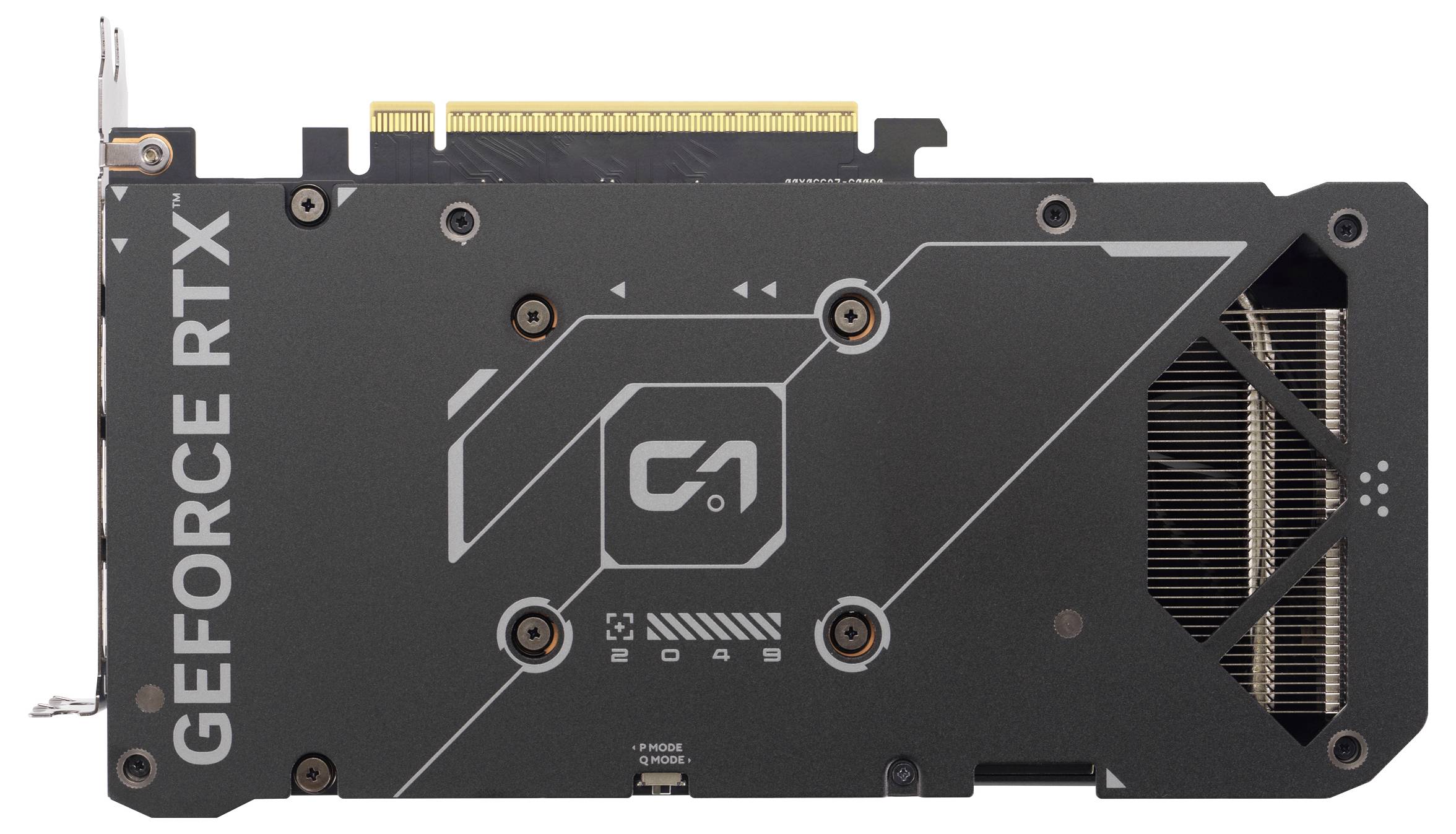 Arrière d'une carte graphique portant l'inscription 'GEFORCE RTX' ; système de refroidissement et connexions visibles ; caractéristiques de design mises en évidence.