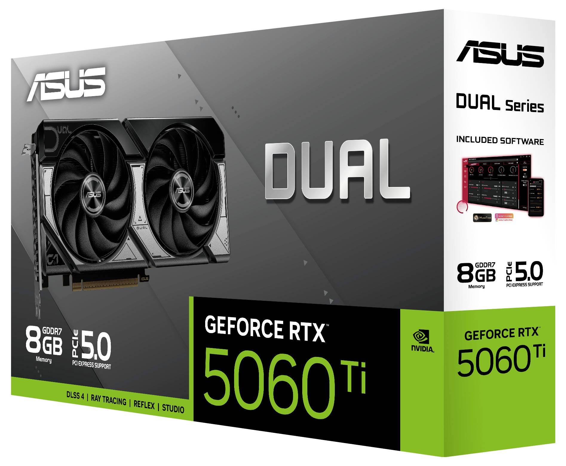 Emballage d'une carte graphique ASUS Dual GeForce RTX 5060 Ti avec 8 Go de mémoire GDDR6. Comprend des informations sur DLSS 3, Ray Tracing et Reflex.