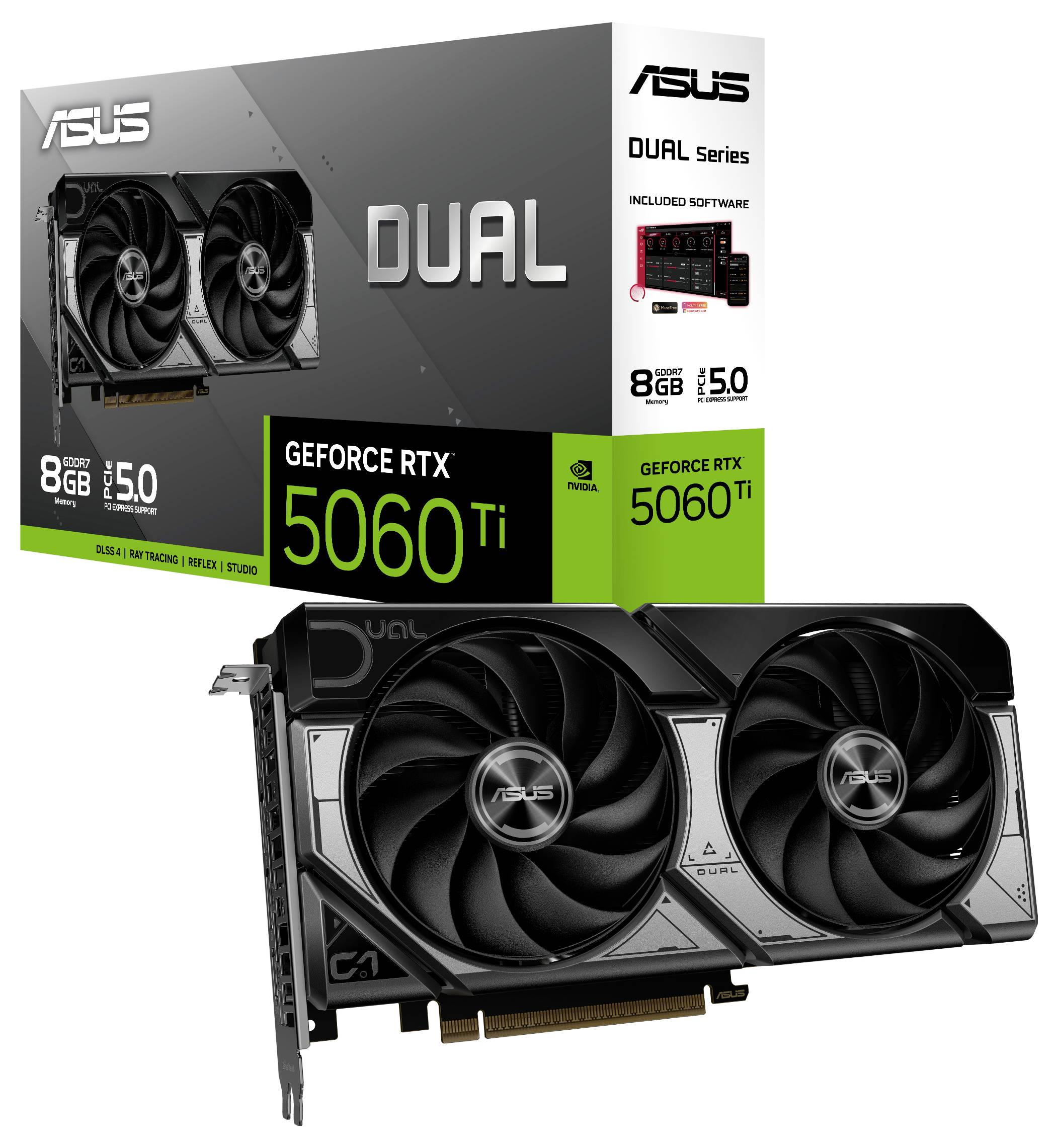 Carte graphique ASUS Dual GeForce RTX 5060 Ti avec son emballage, deux ventilateurs visibles. Comprend un logiciel, 8 Go de mémoire, PCIe 5.0.