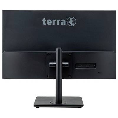 Vue arrière d'un moniteur d'ordinateur noir portant l'inscription 'terra'. Le moniteur est doté d'un support stable et dispose de plusieurs options de connexion.