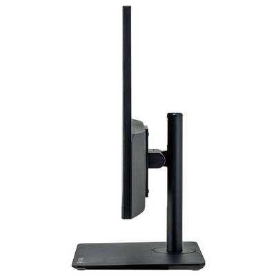 Un écran d'ordinateur noir et élancé, pris de côté, montre son profil étroit et son support réglable.