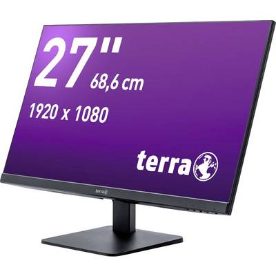 Moniteur 27 pouces avec une diagonale d'écran de 68,6 cm, résolution 1920 x 1080 pixels, fond violet avec le logo 'terra' en bas à droite.
