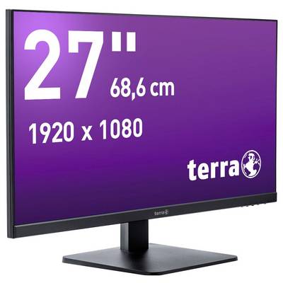 Moniteur Terra de 27 pouces, diagonale d'écran de 68,6 cm, résolution 1920 x 1080. Cadre noir, arrière-plan violet.