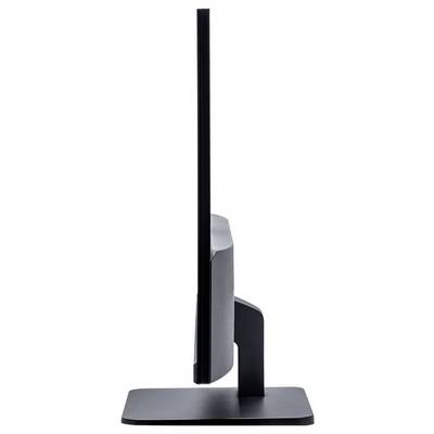 Un moniteur d'ordinateur ultra-fin, vu de côté, monté sur un socle rectangulaire.