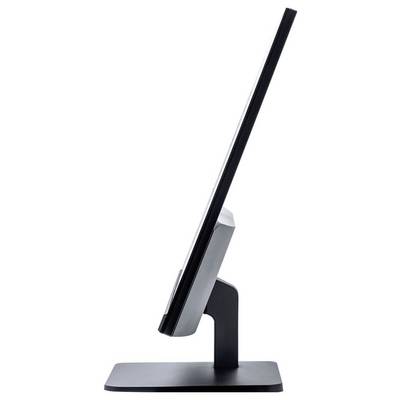 Un écran d'ordinateur plat vu de côté, montrant un profil fin sur un socle noir.