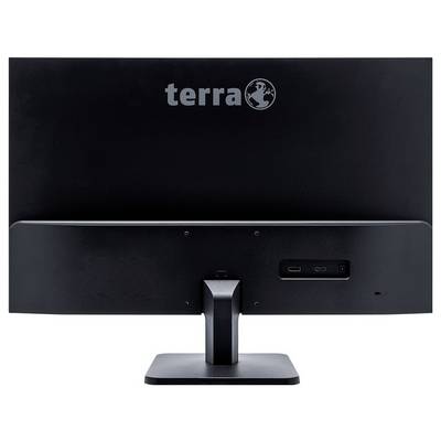 Écran d'ordinateur noir vu de dos, de la marque 'terra', avec des connexions visibles à l'arrière.