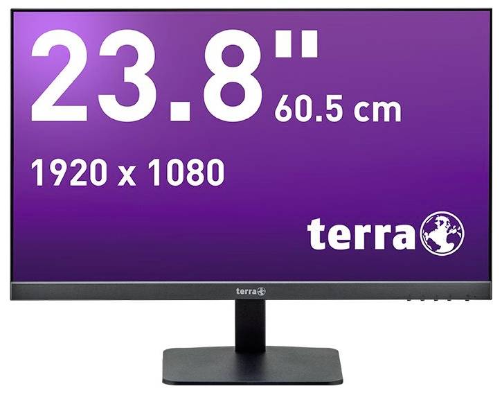 'Moniteur terra 23,8 pouces, 60,5 cm, avec résolution Full-HD 1920 x 1080. Bordure noire, fond d'écran violet.'