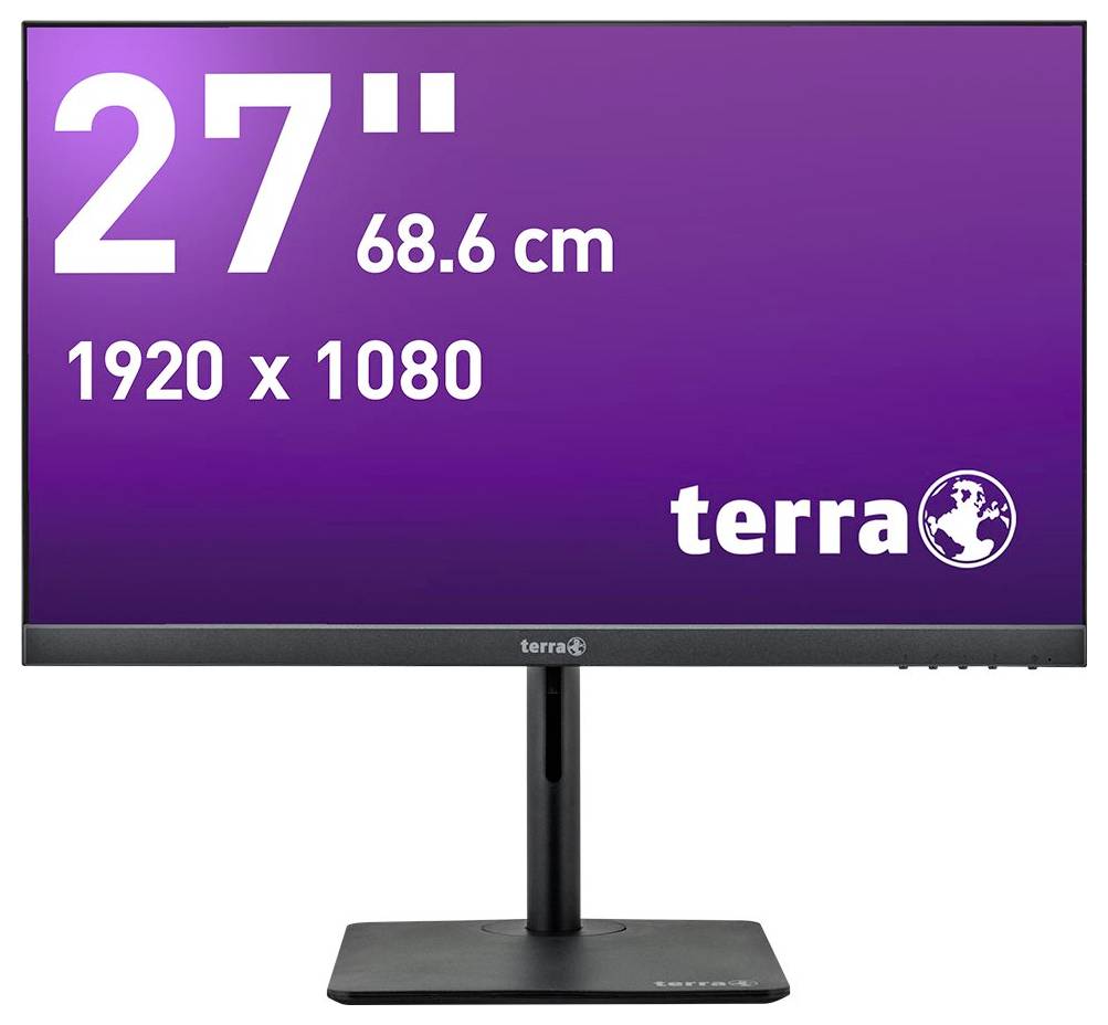 Un moniteur noir avec un fond lilas à l'écran affiche la taille '27", 68,6 cm' et la résolution '1920 x 1080'.