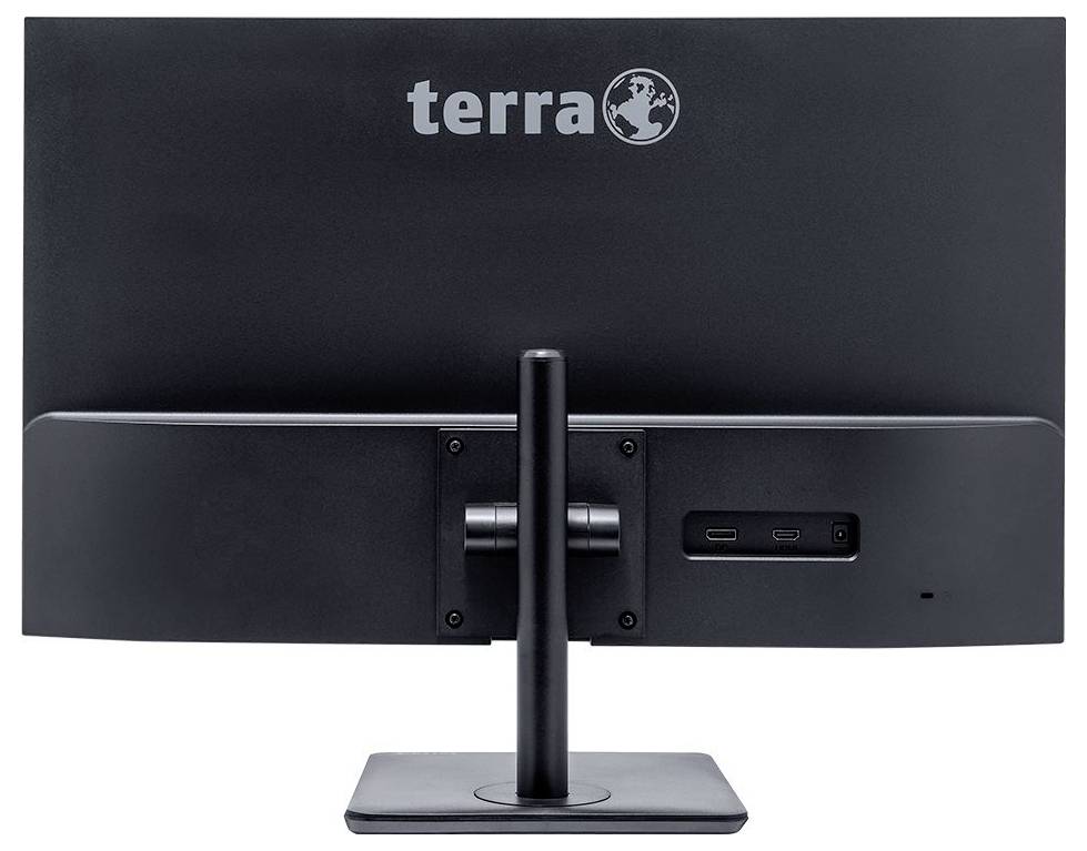 Vue arrière d'un moniteur d'ordinateur noir portant l'inscription 'terra' en haut. Le moniteur est posé sur un socle rectangulaire.