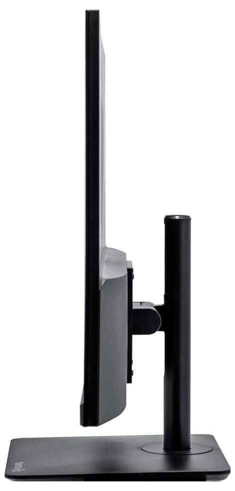 Vue latérale d'un moniteur d'ordinateur plat noir sur un support réglable en hauteur et robuste.