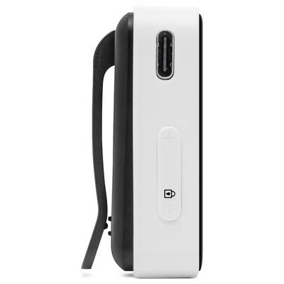 Vue latérale d'un appareil électronique noir et blanc avec port USB et touches de volume.